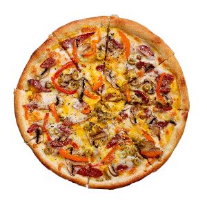 خمیر پیتزا ایتالیایی، سوسیس ایتالیایی 80%، قارچ اسلایس شده، زیتون سبز و سیاه حلقه ای، فلفل دلمه ای، پنیر مخصوص و طعم دار، دیپ پنیر